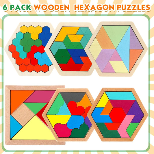 Jerify 6 Pack Wooden Tangrams Puzzles for Kids Wooden Hexagon Puzzle Block Geometric Brain Teaser Jigsaw Block 3D Logic Iq Game Stem Toy Educational Gift for Adults Challenge