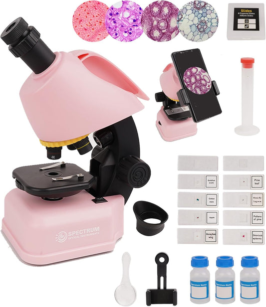 SpectrumOI Pink Microscope for Adults and Kids,40X - 640X Compound Microscope for Beginner 8-12, Kids Microscope with 8 Spicemen Slides, Microscope kit for Kids