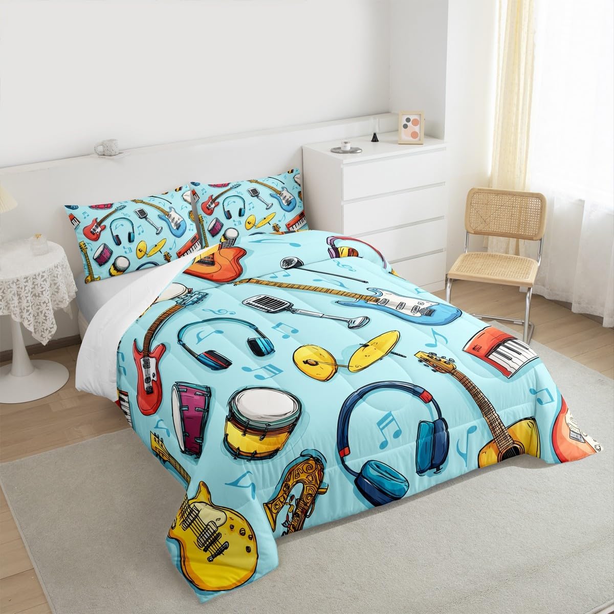 Erosebridal Drum Kit 3D Print Kids Comforter Sets Rock Music Themed Full Bedding Set for Boys Girls Musical Pattern Comforter Set,Colorful Retro Style Quilt Duvet 3 Pcs