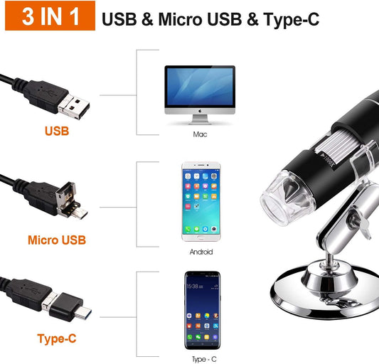 USB Digital Microscope 40X to 1000X, 8 LED Magnification Endoscope Camera with Carrying Case & Metal Stand, Compatible for Android Windows 7 8 10 11 Linux Mac (Not for iPhone/iPad)