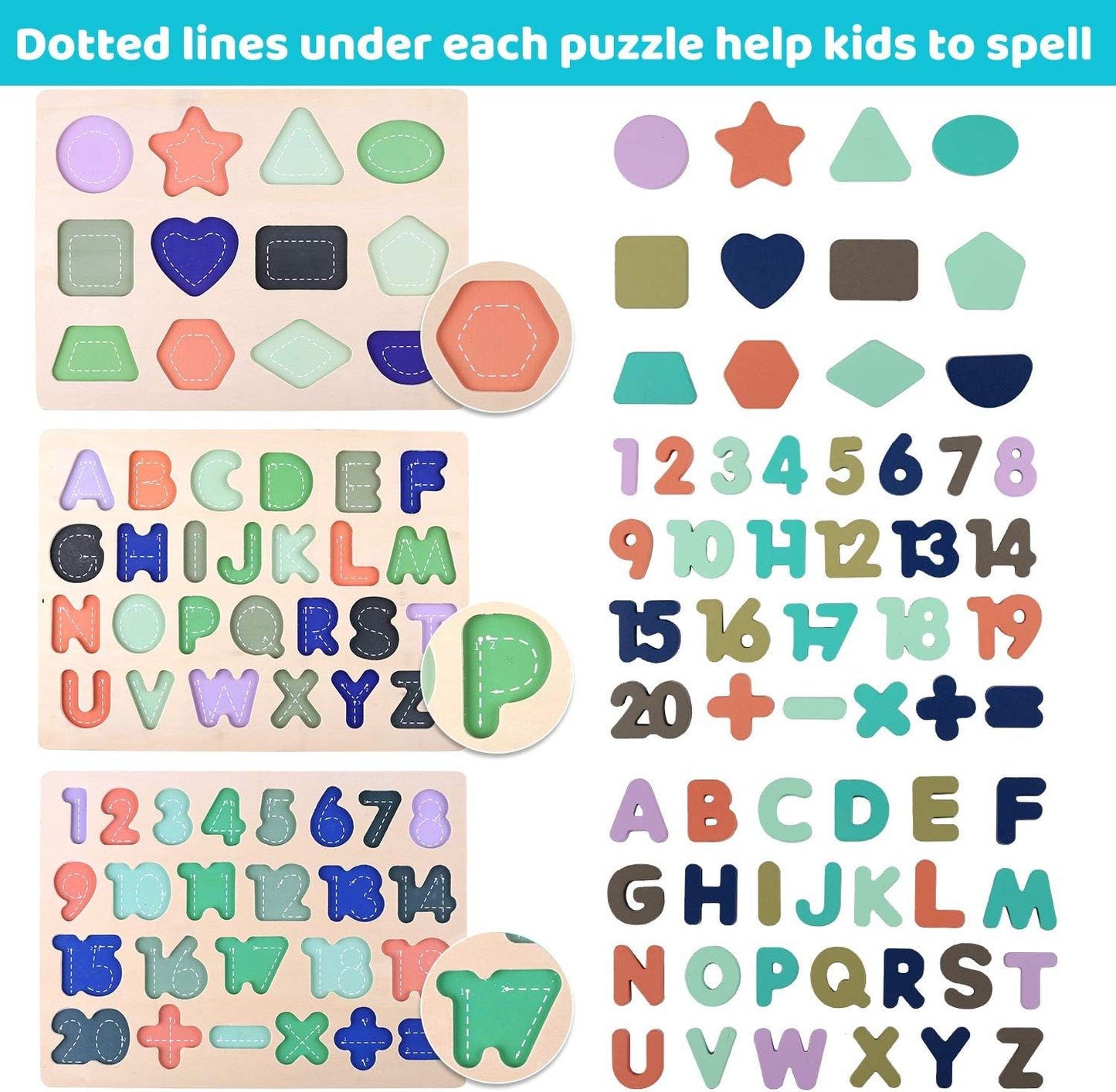 Wooden Puzzles for Toddlers, Voamuw Alphabet Number Shape Learning Puzzle for Kids Ages 3 4 5, Montessori Toys Preschool Education Chunky Jigsaw for Boys and Girls