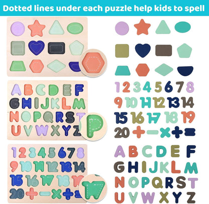 Wooden Puzzles for Toddlers, Voamuw Alphabet Number Shape Learning Puzzle for Kids Ages 3 4 5, Montessori Toys Preschool Education Chunky Jigsaw for Boys and Girls