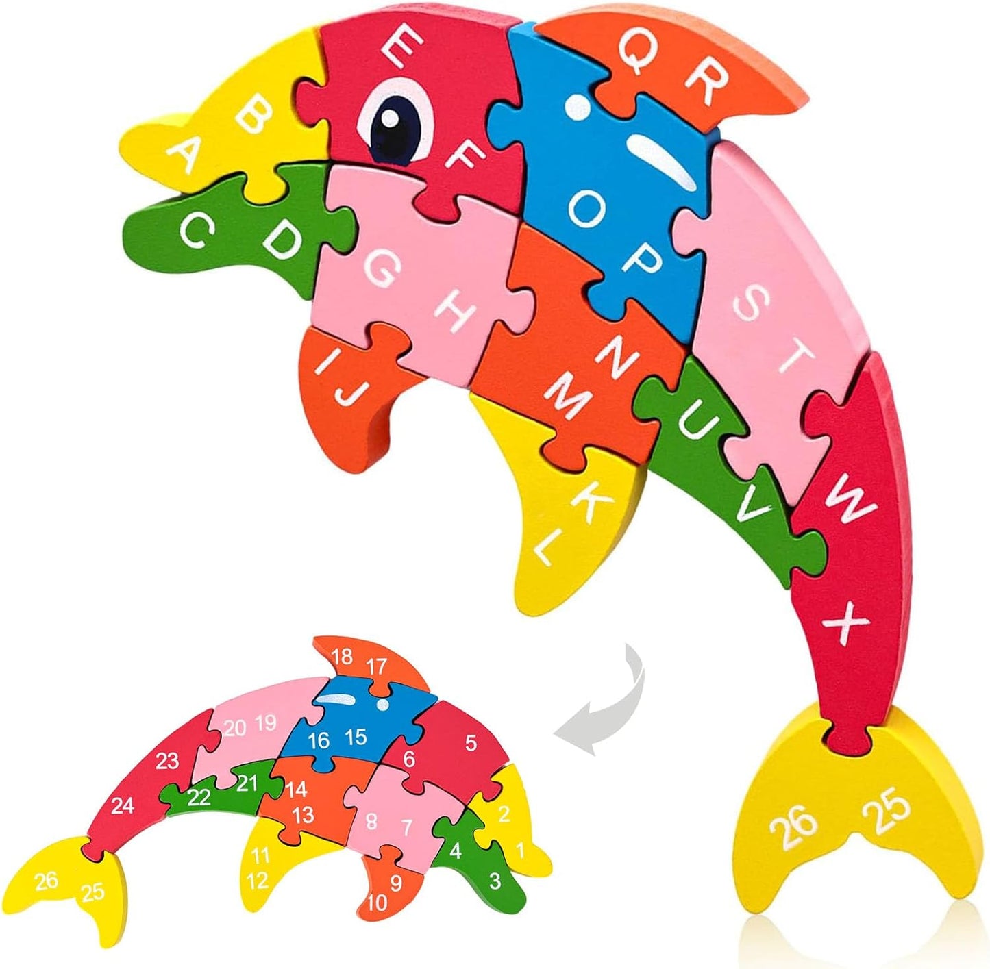 LovesTown Wooden Puzzles for Kids, Double Sided Giraffe Jigsaw with Alphabet & Numbers, Montessori Educational Toy for Toddlers, Chunky Animal Gift
