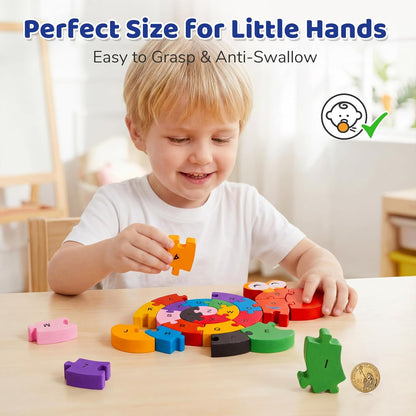 LovesTown Wooden Puzzles for Kids, Double Sided Giraffe Jigsaw with Alphabet & Numbers, Montessori Educational Toy for Toddlers, Chunky Animal Gift