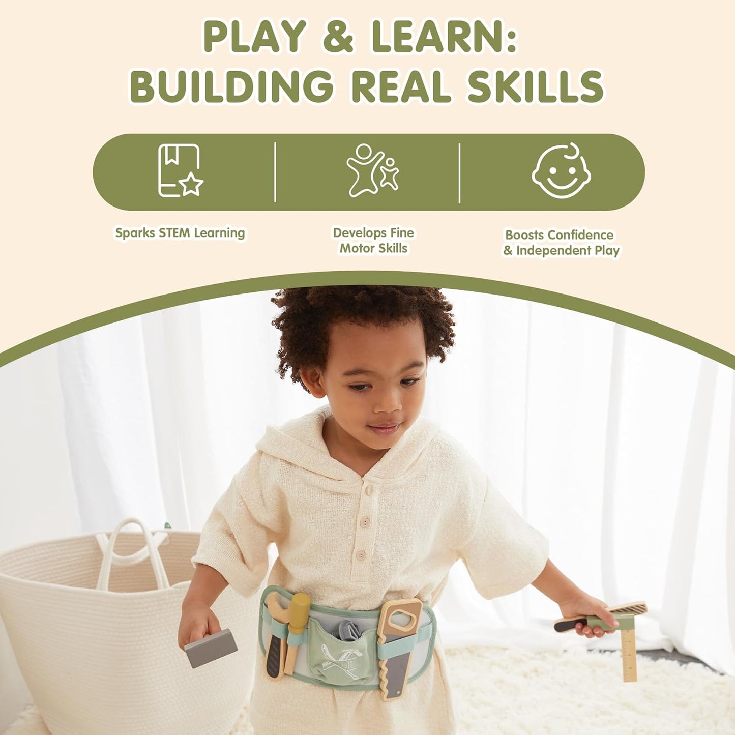 Freniland Kids Tool Belt Set with Adjustable Strap - 6 Wooden Tools & Screw for Toddlers 3+ Pretend Play - Durable Educational Toy