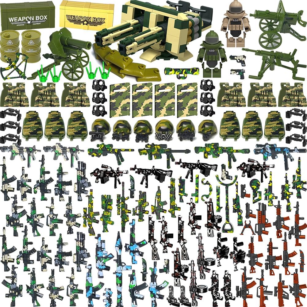 390+ Pcs Military Weapon Pack Building Blocks Toys Army Weapon Set Soldier Gear Set SWAT Accessories Kits, Camouflage Helmet Tactical Vest Shields Gatling, Compatible with Major Minifigure