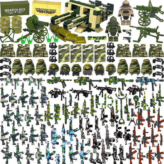 390+ Pcs Military Weapon Pack Building Blocks Toys Army Weapon Set Soldier Gear Set SWAT Accessories Kits, Camouflage Helmet Tactical Vest Shields Gatling, Compatible with Major Minifigure