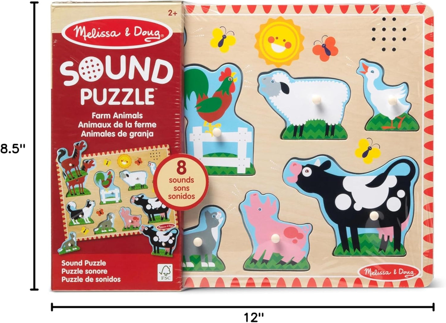 Melissa & Doug Farm Animals Sound Puzzle – 8-Piece Wooden Peg Puzzle with Light-Activated Sounds, Music Learning Toy for Toddlers and Preschoolers Ages 2+