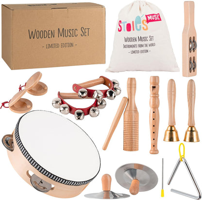 Stoie's Wooden Toddler Musical Instruments with Drum, Hand Bells, Flute, Maracas, Castanet, Tamburine, for Babies and Kids, Eco Friendly Montessori Educational Toy