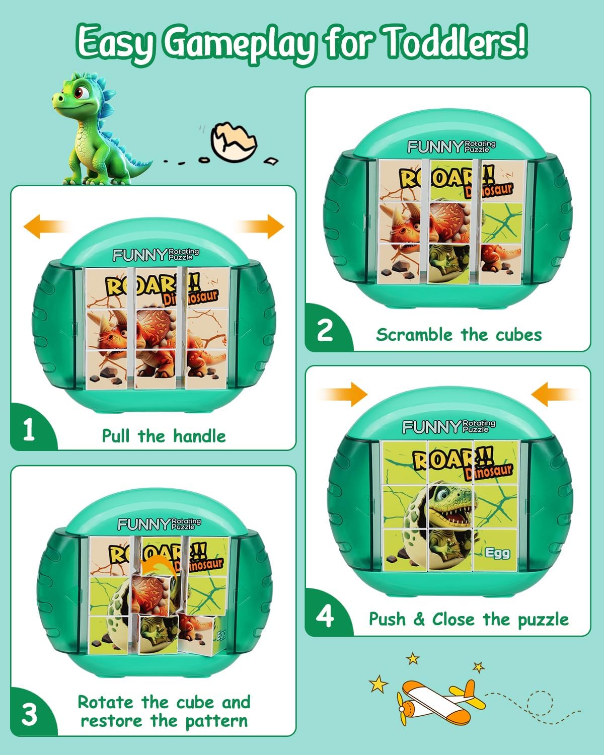 Rotating Puzzle for Kids 3 4 5 6 7 8 Year Old, 4 Puzzles in 1, Toddlers Travel, Car, Airplane, Road Trip Activities, Fine Motor Skills, Fidget, Gift for Boys & Girls Ages 3+ (Dinosaur)
