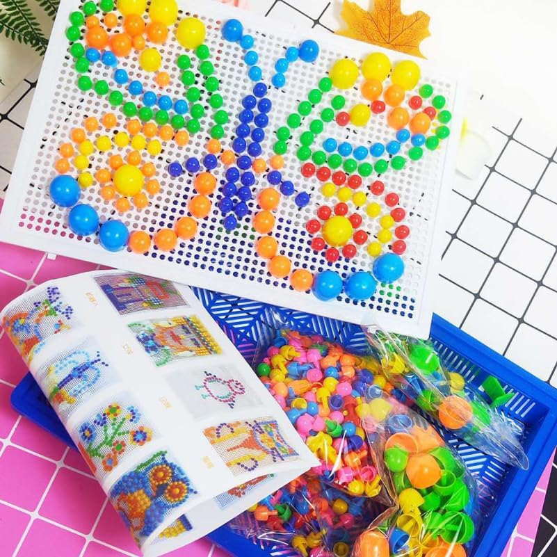 592Pcs Mushroom Nail Beads Puzzle Set Kids Educational Toy Pegboard Game for Creativity Hand Eye Coordination Safe Plastic Pieces 10.8X7.5 Inch