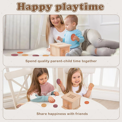 Adena Montessori Coin Box -Natural Wood Double-Sided Object Permanence Box Toy for 1-Year-Old Babies, Wooden Montessori Developmental Toy for 6-12 Month, Early Learning Gift