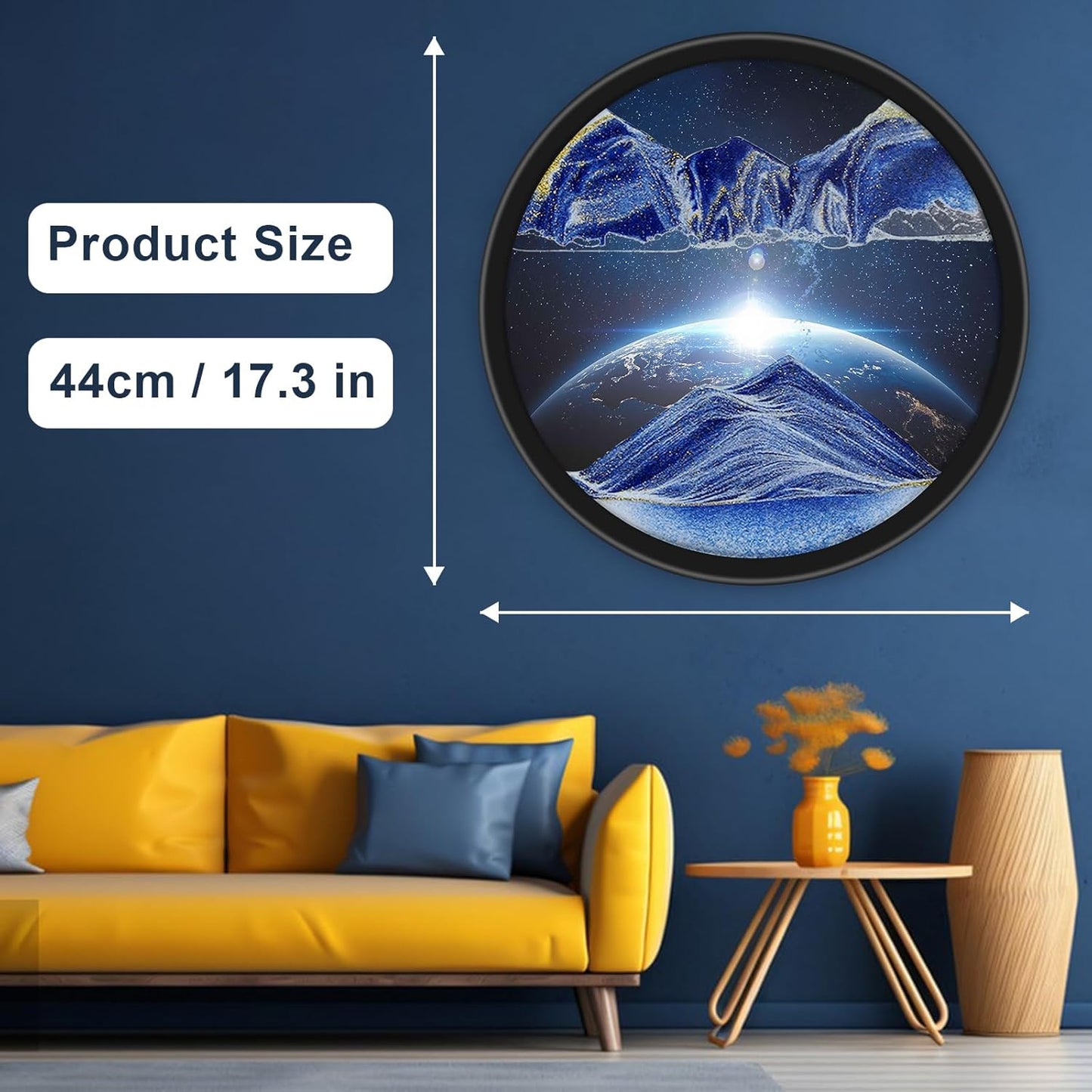 17.3" Moving Sand Art, 3D Sand Art Pictures Deep Sea Sandscape Living Room Decoration, 360° Rotate, Glass Crafts Solid Wood Frame, Relaxing Mood Home Office Work Wall Art Decor