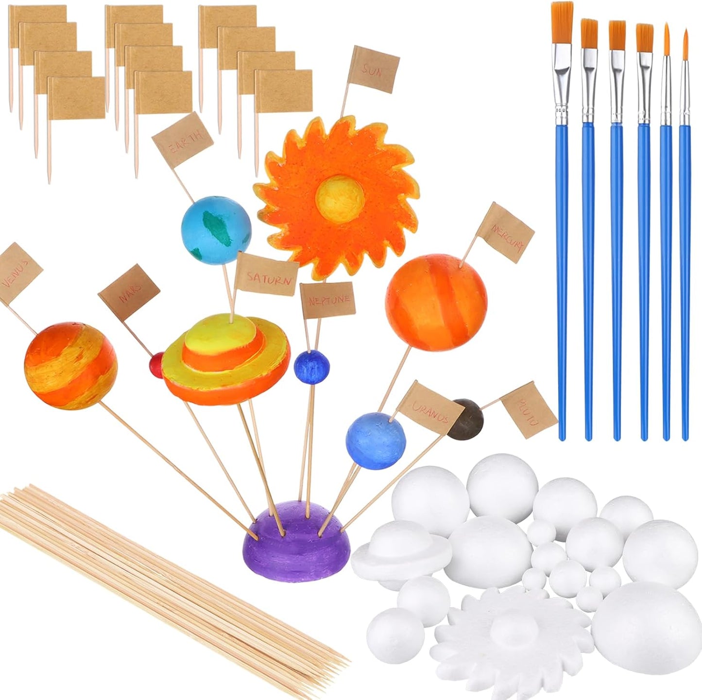 60 PCS Solar System Model Foam Ball Kit Includes 18 Mixed Sized Polystyrene Spheres Balls,18 Pieces Long Bamboo Sticks, 18 pieces Toothpick Flag, and 6 Pcs Painting Brushes for School Science Projects