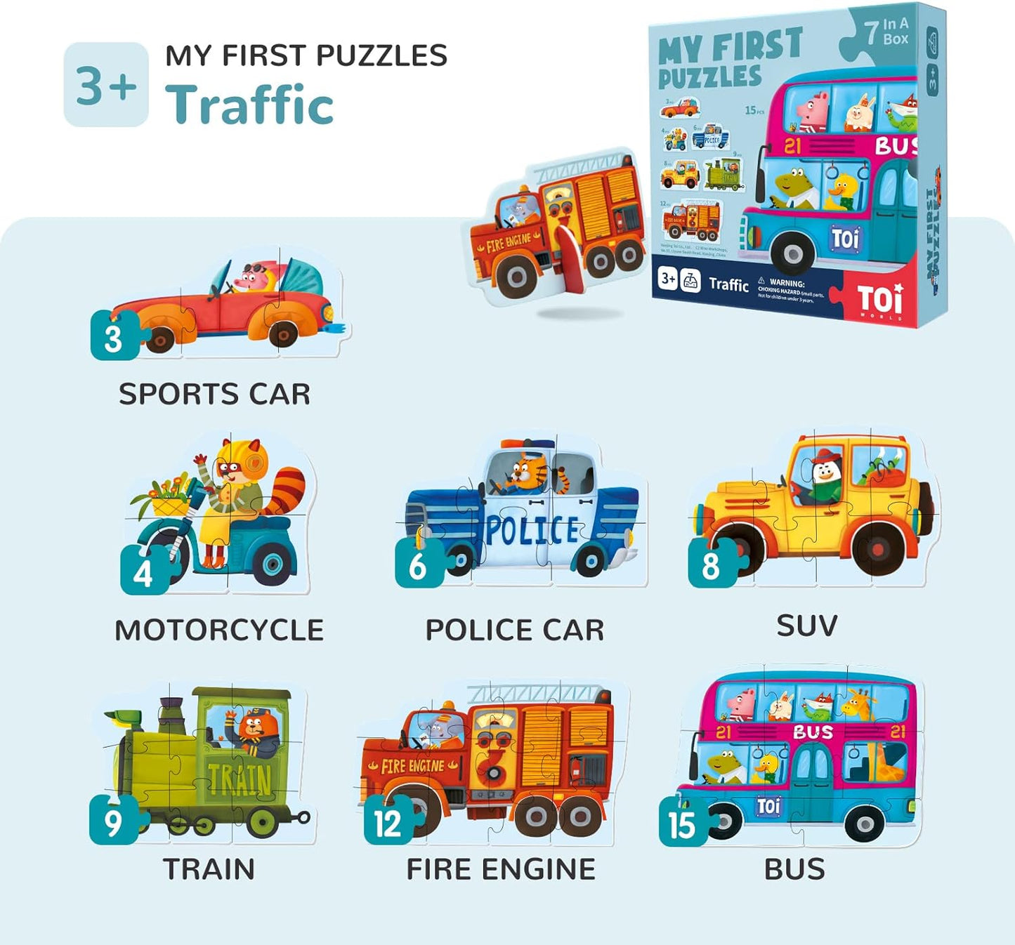 Toi 6 Packs Large Piece Toddler Jigsaw Puzzles for Kids Aged 2.5+, Animal Shaped Floor Puzzles for Beginner, Preschool Learning Game for Boys Girls, Traffic