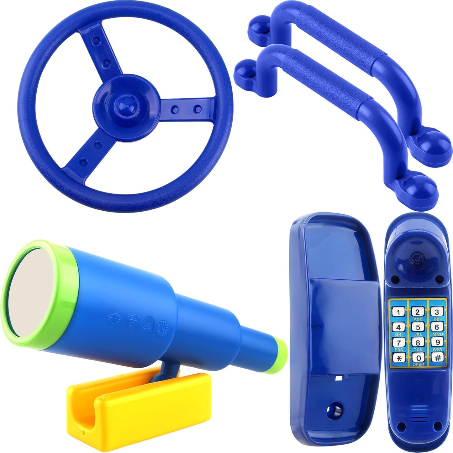 5 Pack Kids Playground Accessories Set Swingset Steering Wheel Plastic Telescope Safety Handles Telephone Toy for Outdoor Playhouse Playset (Color Set 4)