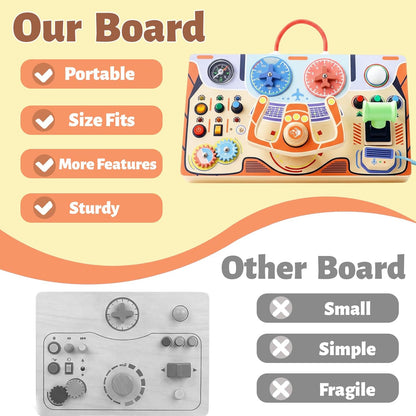 Montessori Busy Board for Toddlers 2-4,Wooden Sensory Steering Wheel Toys with LED Light Switch,Travel Toy Educational Fidget Activity Board for Boys and Girls Gift