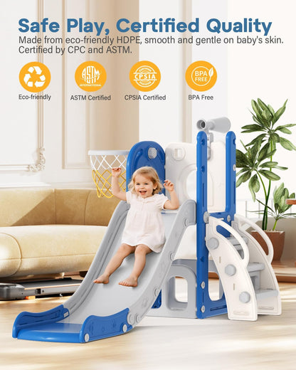 Babytronic Toddler Slide, 6 in 1 Kids Indoor Slide for Toddlers 1-3, Baby Indoor and Outdoor Climber Playset, Kids Slide with Basketball Hoop and Telescope, Toddler Outdoor Playground (Blue&Yellow)