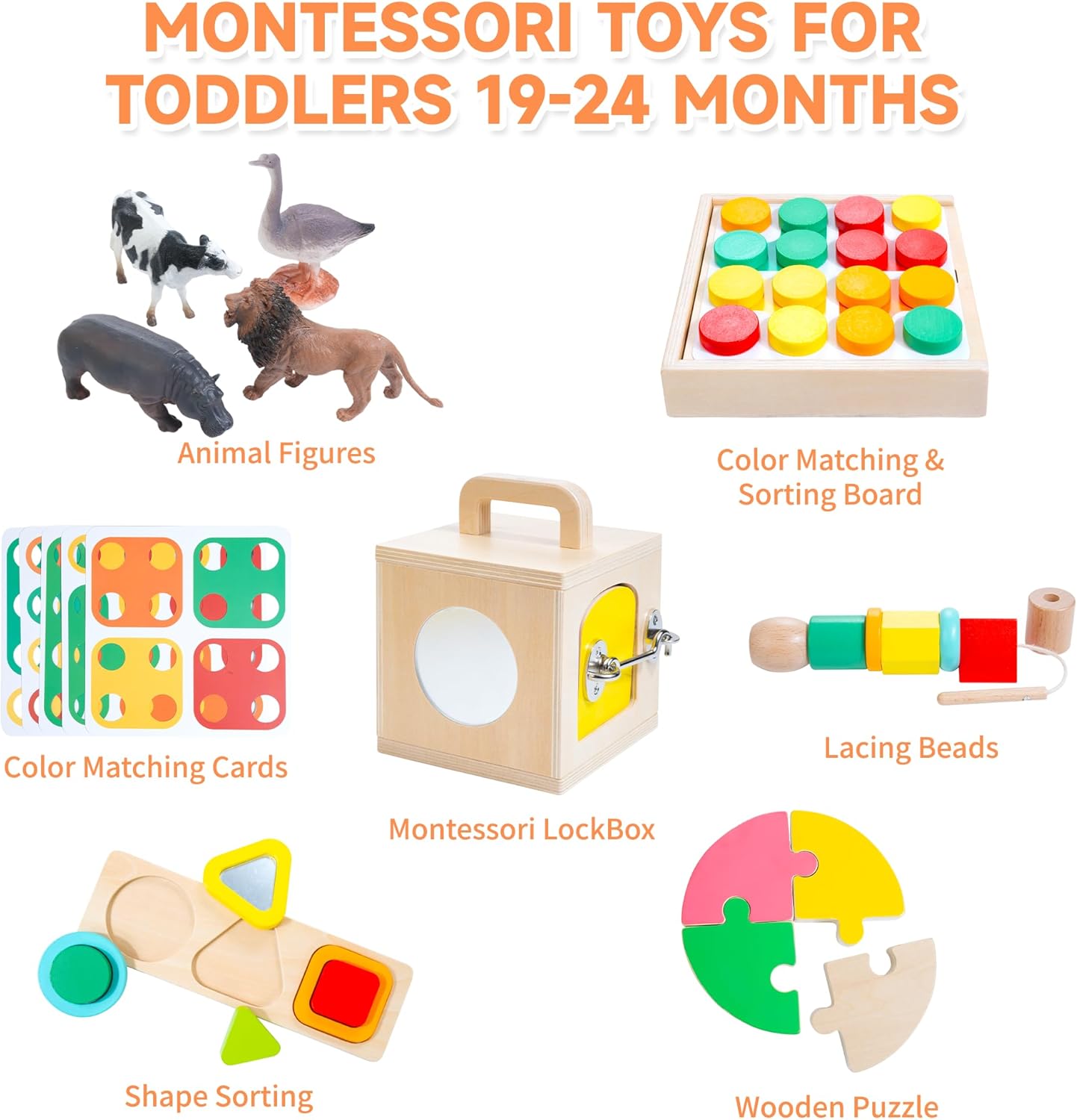 WOODMAM Montessori Toys for Babies 7-12 Months, 9 in 1 Educational Wooden Toys Set, Includes Object Permanent Box, Stacking Cups, Mirror Puzzle, Ring Stacker and More