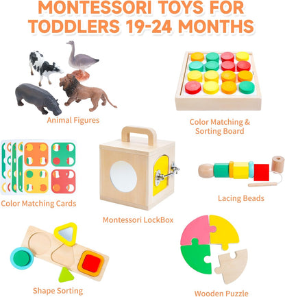 WOODMAM Montessori Toys for Babies 7-12 Months, 9 in 1 Educational Wooden Toys Set, Includes Object Permanent Box, Stacking Cups, Mirror Puzzle, Ring Stacker and More
