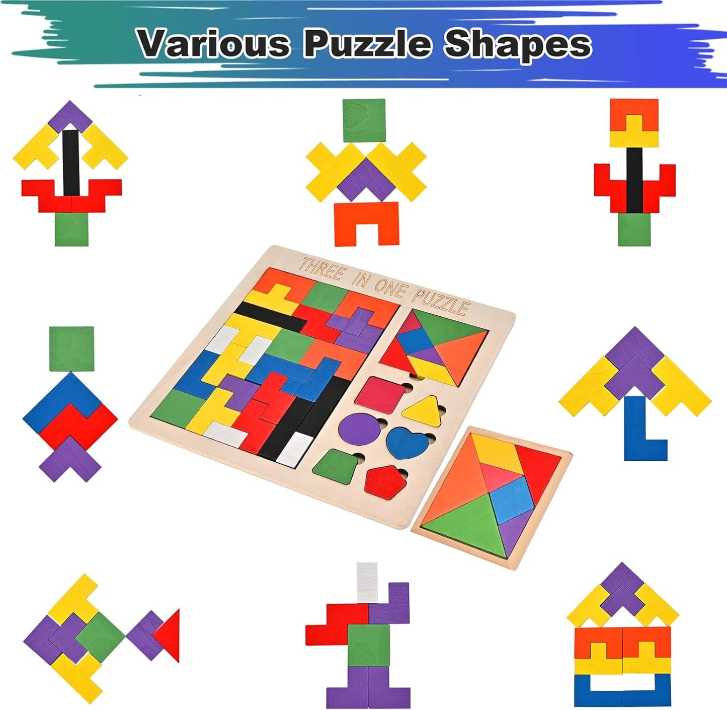 3 PCS Wooden Blocks Puzzles, 3-in-1 Russian Blocks Puzzle, Octagon Puzzle, Tangrams Puzzles, Brain Teaser Puzzles Game, Montessori STEM Educational Toys Gifts for Kids and Adults