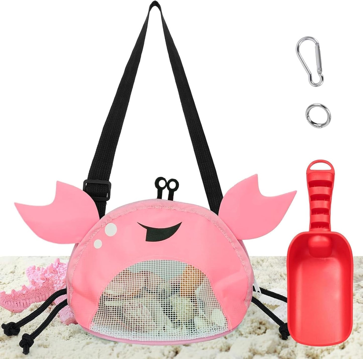 AMOR PRESENT Mesh Baby Beach Bag, Shell Collecting Bag with Shovel Crab-Shaped Adjustable Strap for Holding Shell Sea Pool Sand Toy, Blue