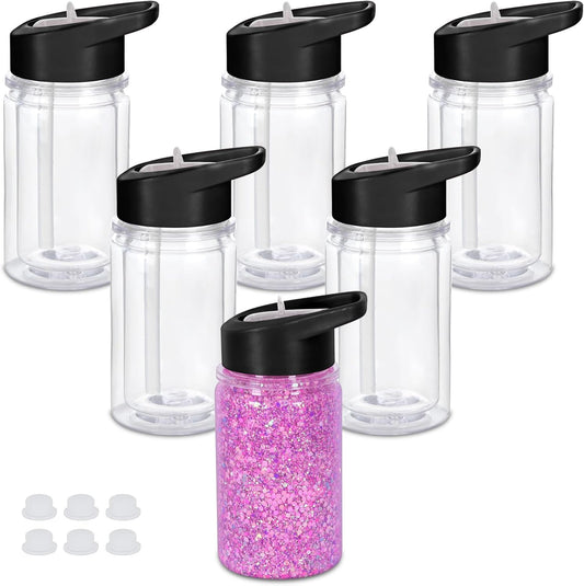 10 Oz Plastic Kids Snowglobe Tumbler with Pre-Drilled Hole and Plug, 6 Pack Double Wall Acrylic Snowglobe Cup for Glitter, Black