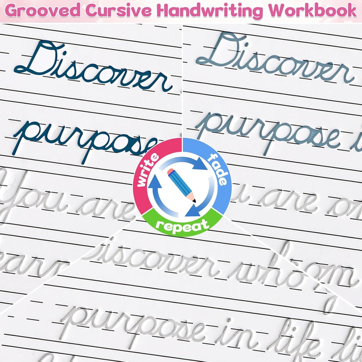 chiazllta Grooved Cursive Handwriting Workbook with Disappearing Ink Pens Magic Reusable Grooved Cursive Writing Practice for Beginners Kids Kickoff Student Workbook Homeschooling Supplies (Letters)