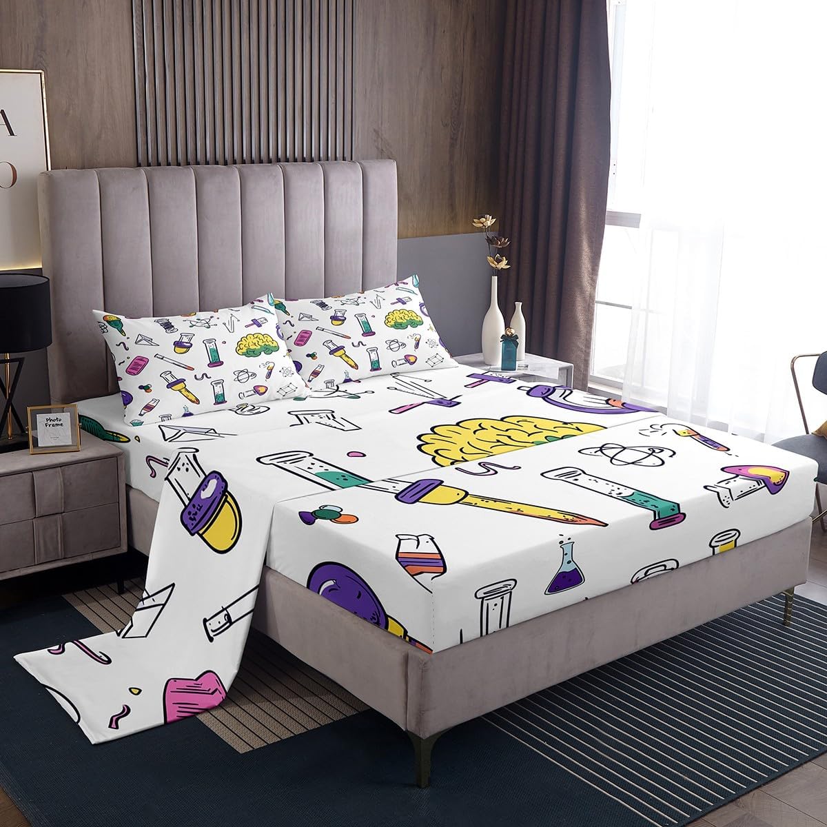 Erosebridal Science Theme Bed Sheets Set Full Size for Boys Girls Chemistry Periodic Table Print Sheet Set Chemical Subject Theme Sheets Teens Kids Math Science Atyle Fitted Sheet 4 Pcs