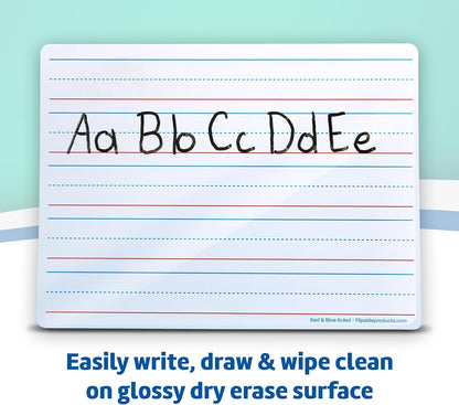Flipside Products 9" x 12" Two-Sided Red & Blue Ruled/Plain Dry Erase Learning Mat, Flexible, Handwriting Practice, Education Learning, Lined, Economical - 12 Pack