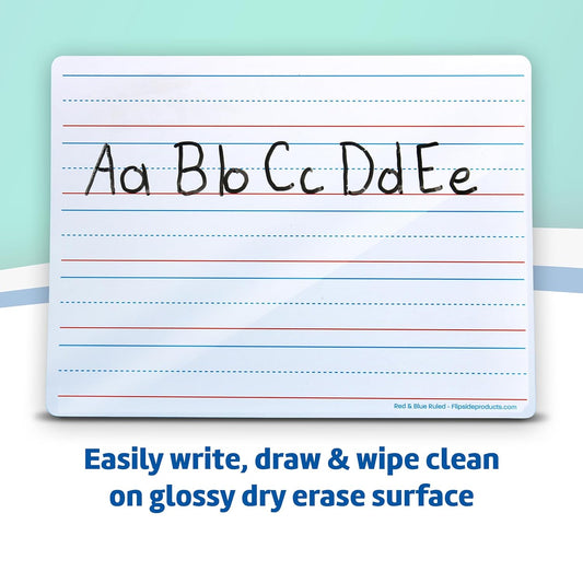Flipside Products 9" x 12" Two-Sided Magnetic Red & Blue Ruled/Plain Dry Erase Learning Mat, Handwriting Practice, Education Learning, Lined, Economical - 24 Pack