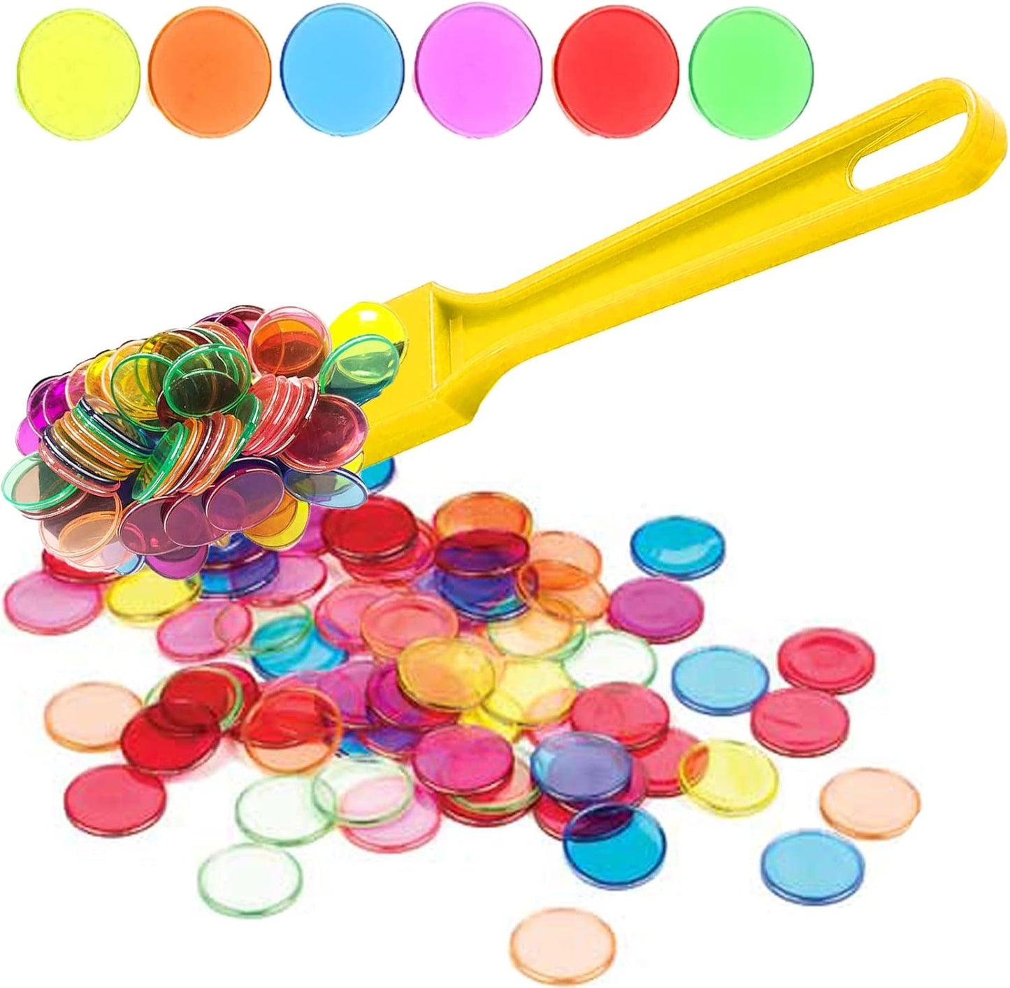 Bingo Chips Set-Magnetic Wand & 100 Counting Chips-6 Colors Transparent Plastic Markers for Family School Learning Game Zoom Bingo and Pokeno Nights