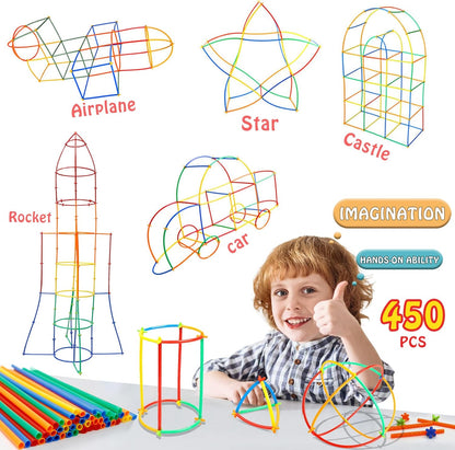 Ggiibro Creative Straw STEM Building Toys 450Pcs Aged for 3-5 5-7 Preschool Kids Constructor Toy Thin Tube Toy DIY Educational Interlocking Plastic Engineering Toys Kit for Boys and Girls