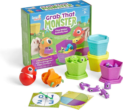 hand2mind Grab that Monster Fine Motor Activity Set, Occupational Therapy Toys, Pincer Grasp Fine Motor Skills Toys for Toddlers 3-4, Play Therapy Games for Kids, Preschool Learning Activities