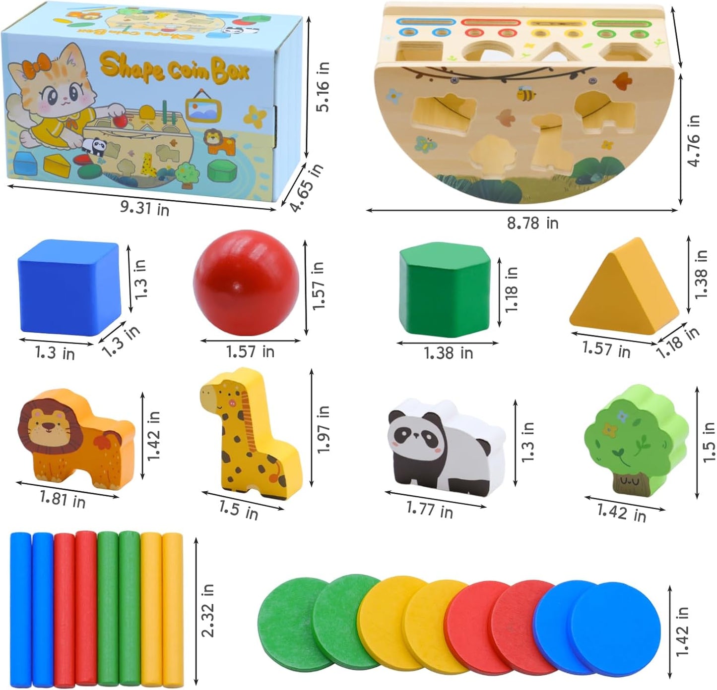Montessori Busy Box for Toddlers 1-3, Wooden Object Permanence Coin Box with Shape Sorter & Animal Matching, Sensory Fine Motor Learning Toy with Wobble Base, Gift for 1 2 3 Year Old