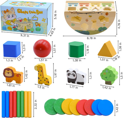 Montessori Busy Box for Toddlers 1-3, Wooden Object Permanence Coin Box with Shape Sorter & Animal Matching, Sensory Fine Motor Learning Toy with Wobble Base, Gift for 1 2 3 Year Old