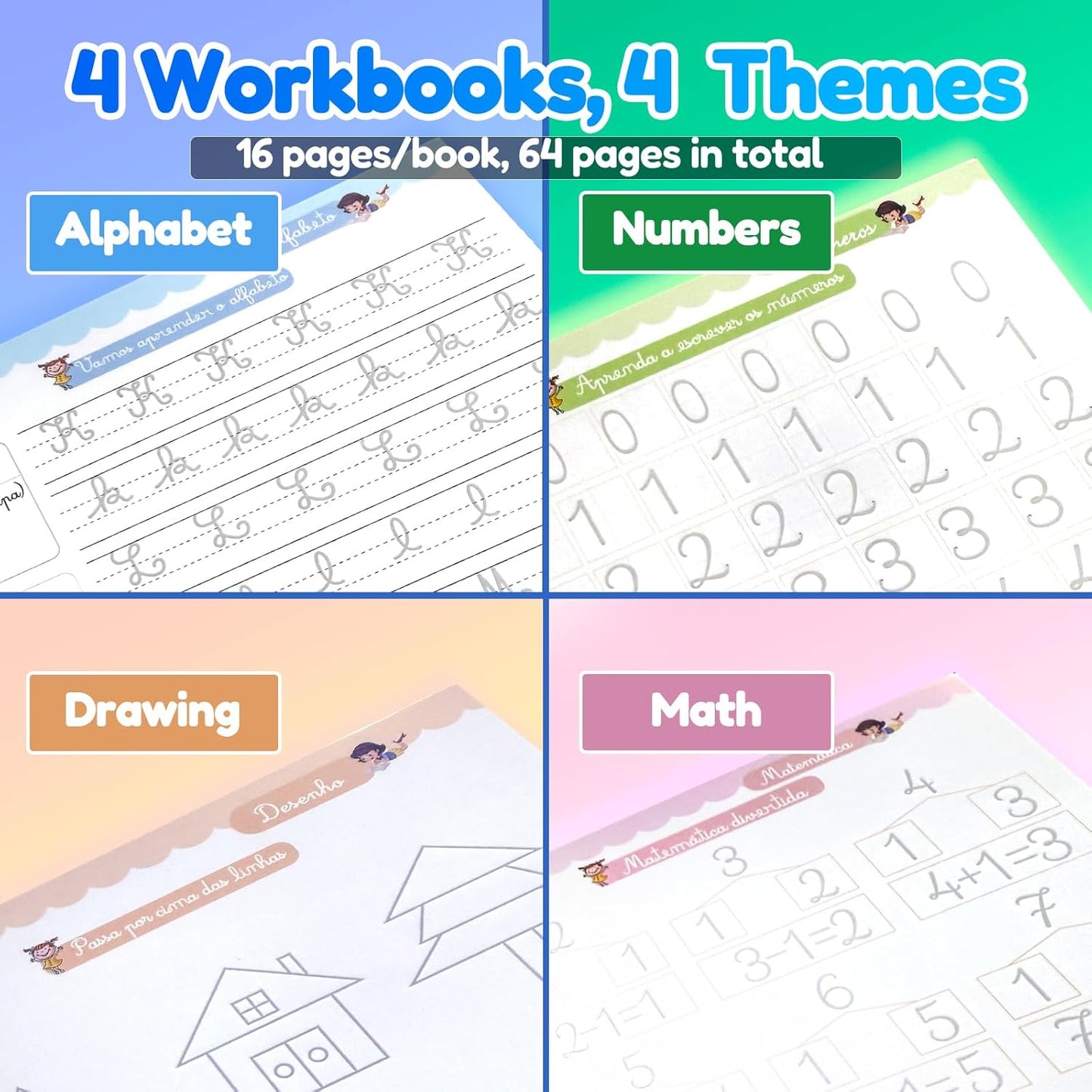 4 Magic Tracing Practice Books – Grooved Handwriting Arabic Copybooks for Kids, Reusable Writing Practice Workbooks Without Tears, Disappearing Ink for Toddlers Preschool Learn (Arabic)