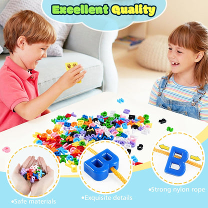 278 Pcs Lacing Letters Beads, Lowercase Alphabet Learning Toys, 10 Color Rainbow Alphabet Beads with 18 Laces, Preschool & Home Educational Toy for Kids Ages 3+, Back to School Supplies