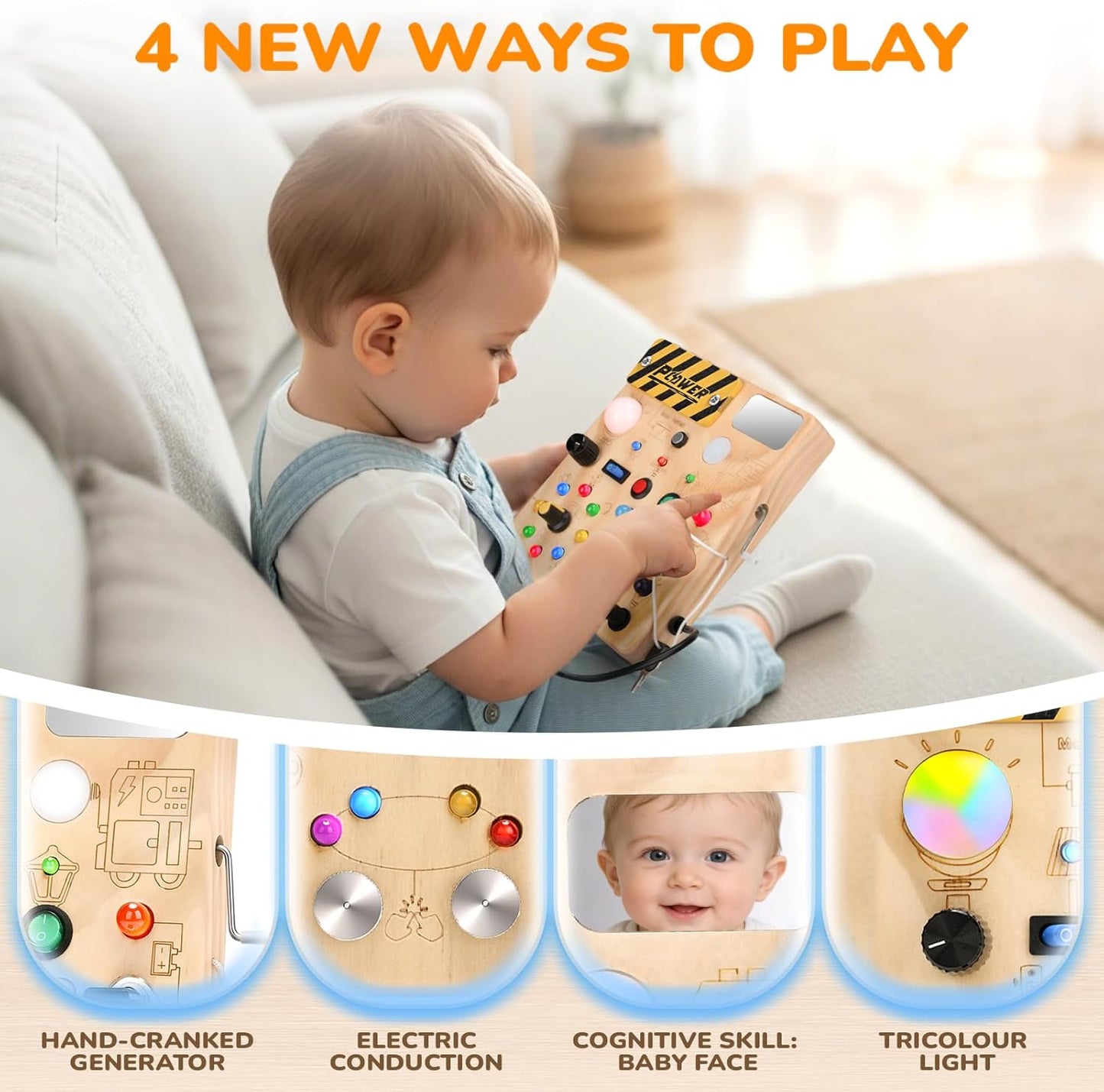 LED Busy Board for Toddlers - Montessori Sensory Toy with 10 Switches & 19 Lights, Wooden Activity Board for Fine Motor Skills, Ideal Educational Birthday Travel Toy Gift for 1 2 3 Year Old Boys Girls