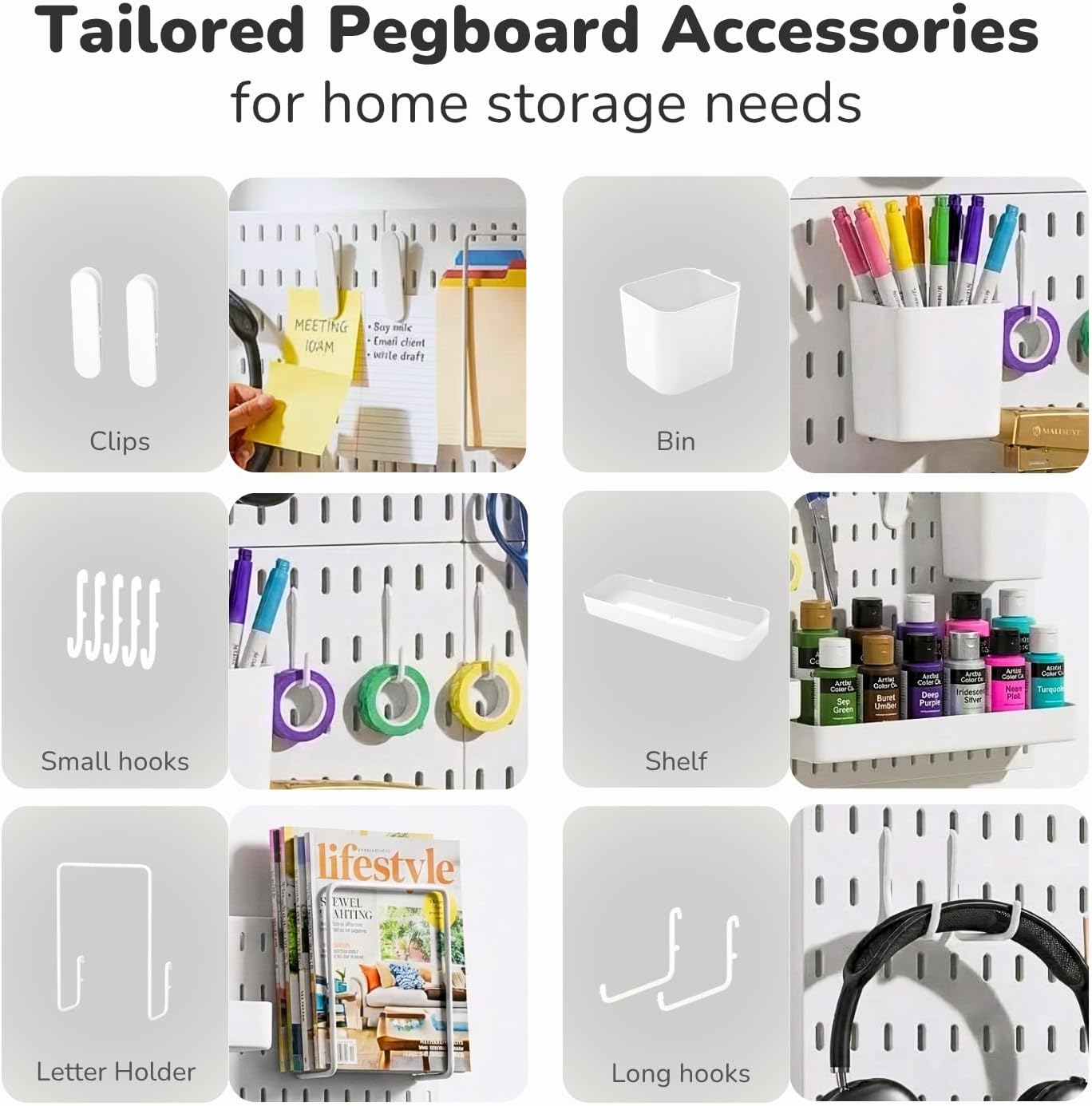 Keepo Peg Board Wall Organizer – Plastic Pegboard Panels, Modular Peg Board Storage System for Home Office, Craft Room, Gaming Setup (White, 33″×22″)