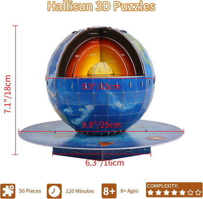 3D Puzzles for Kids Ages 8-10-12-14 Earth Globe DIY Geography Puzzle, Educational Learning Toys 3D Jigsaw World Globe Map Model Kit Teaching Aids Birthday for Boys Girls, 50 Pieces