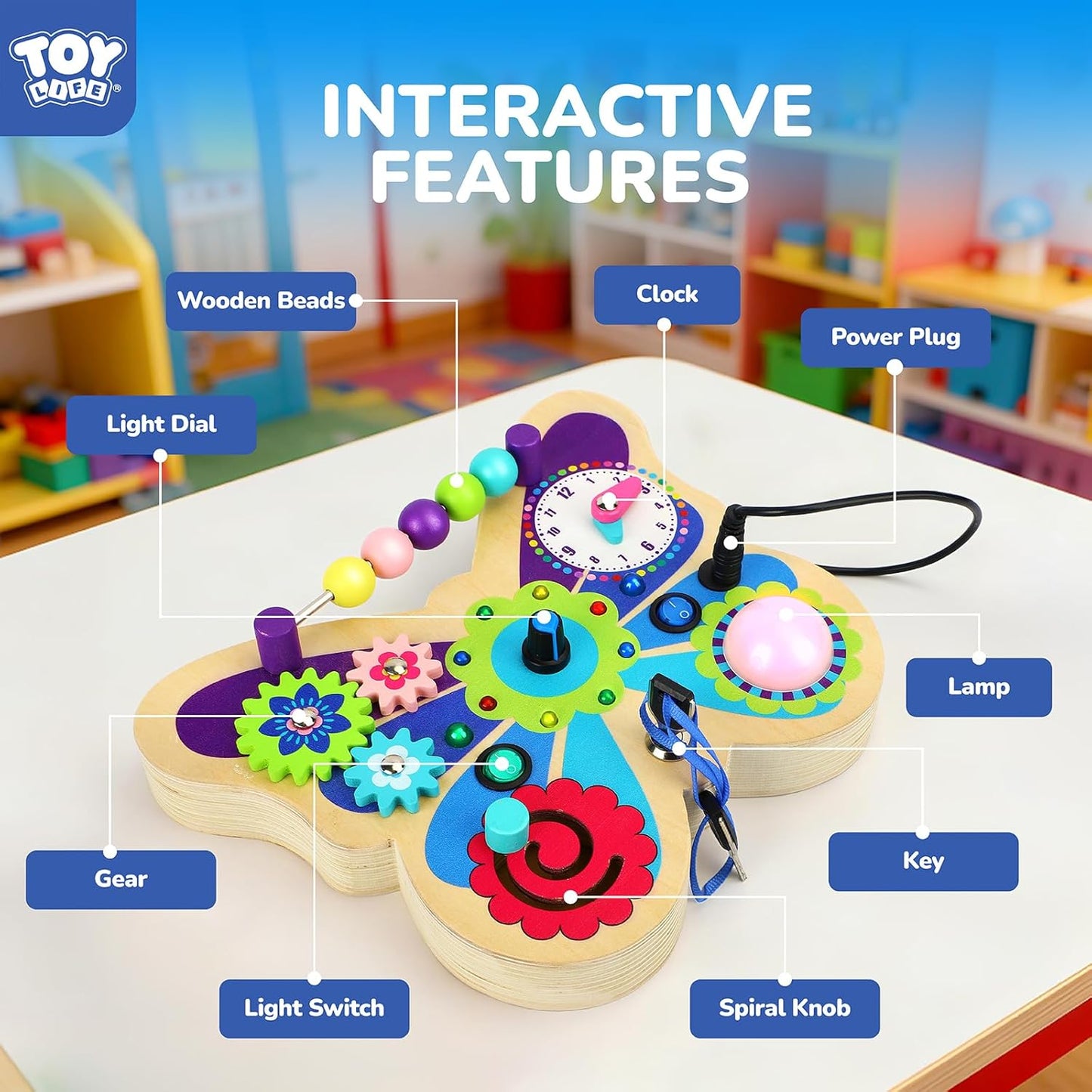 TOY Life Toddler Montessori Busy Board, Wooden Butterfly Sensory Board Toys with LED Light Up Switchs, Baby Busy Fidget Boards Travel Toys, Easter Birthday Gifts for 1+ Year Old Kids Girls Boys
