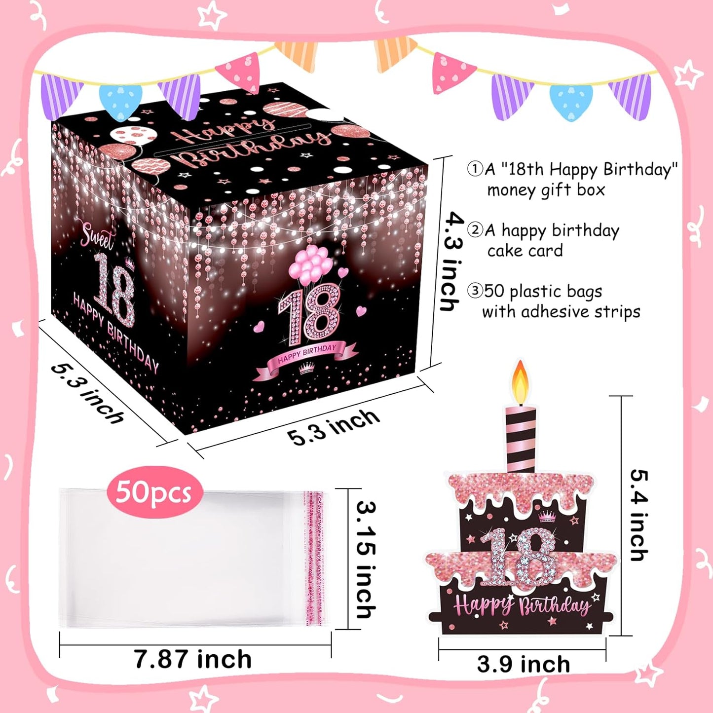 Birthday Money Box for Cash Gift Pull, Surprise Gift Boxes for Money, Money Holder Box with Pull Out Happy Birthday Card and 50Pcs Transparent Bags, Money Gift Ideas for Kids and Adults