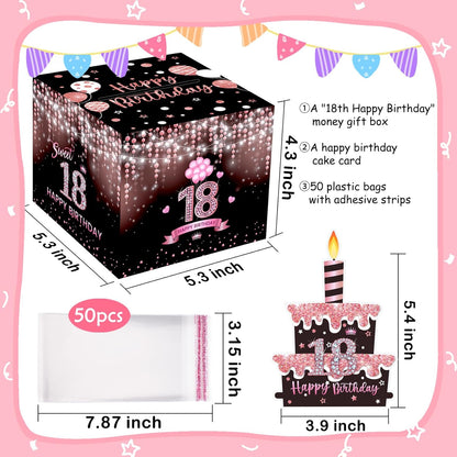 Birthday Money Box for Cash Gift Pull, Surprise Gift Boxes for Money, Money Holder Box with Pull Out Happy Birthday Card and 50Pcs Transparent Bags, Money Gift Ideas for Kids and Adults