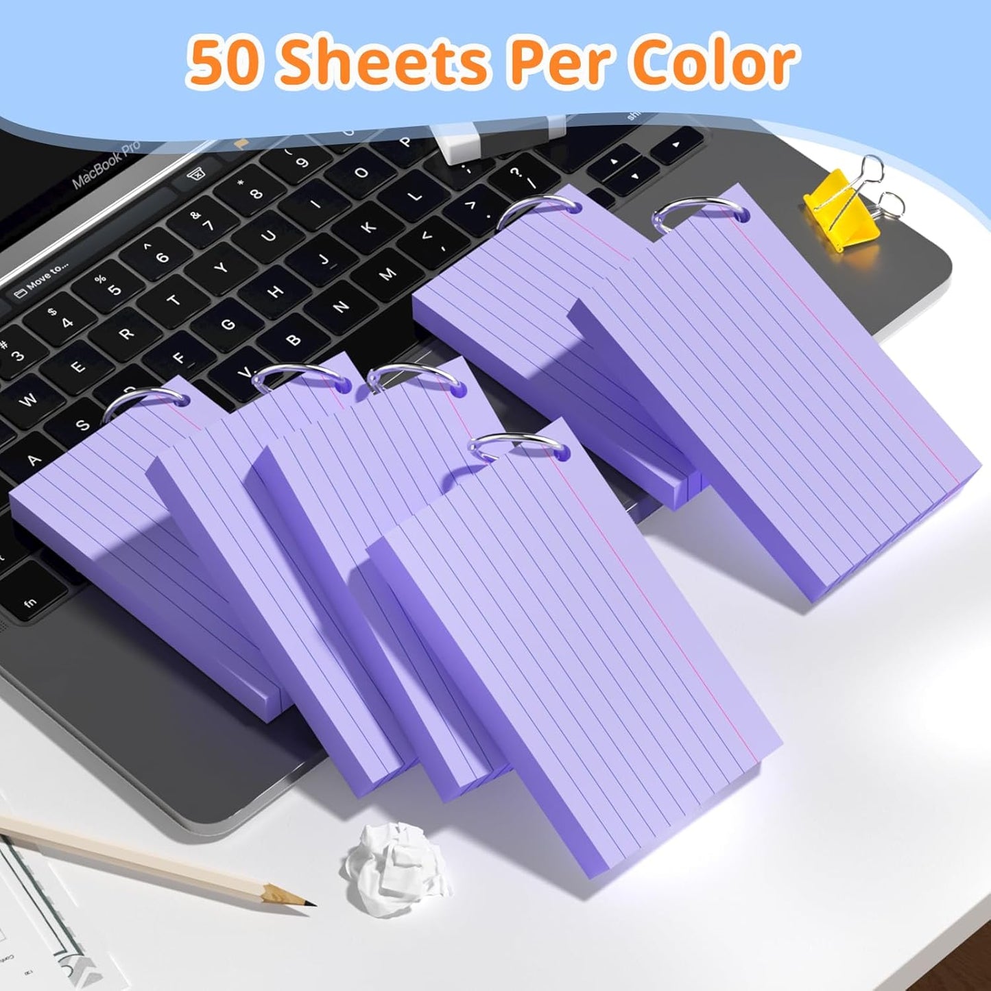 Index Cards 3x5 Inches, 300 PCS, Colored Flash Cards With Ring, Punched Lined Study Card Ruled Flashcards Notecards, Ruled Front And Blank Back, Note Card for School, College And Home
