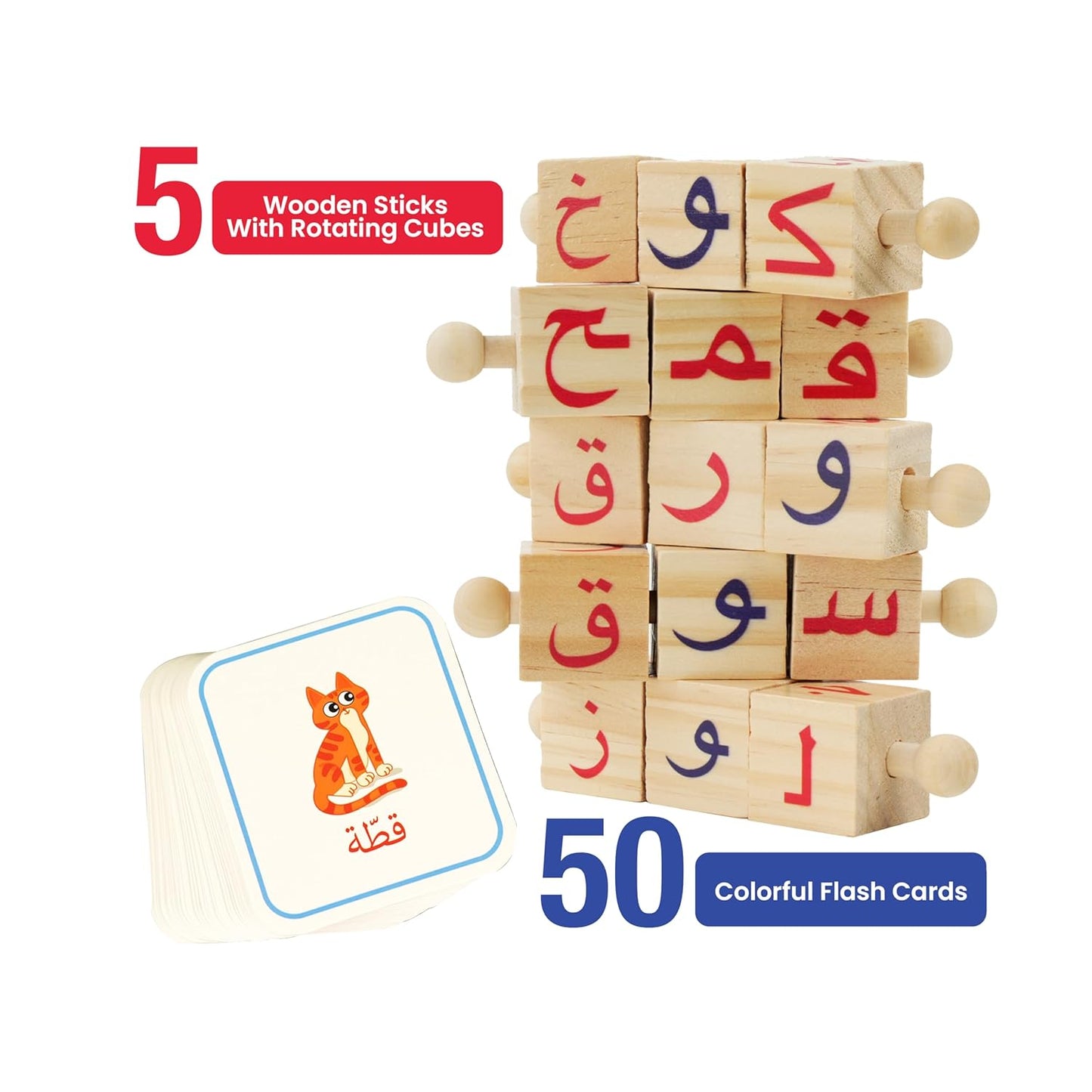 Rotating Letter Cubes Word Builder with 50x Illustrated Cards - Learn to Read Arabic, Form Words, Build Arabic Vocabulary
