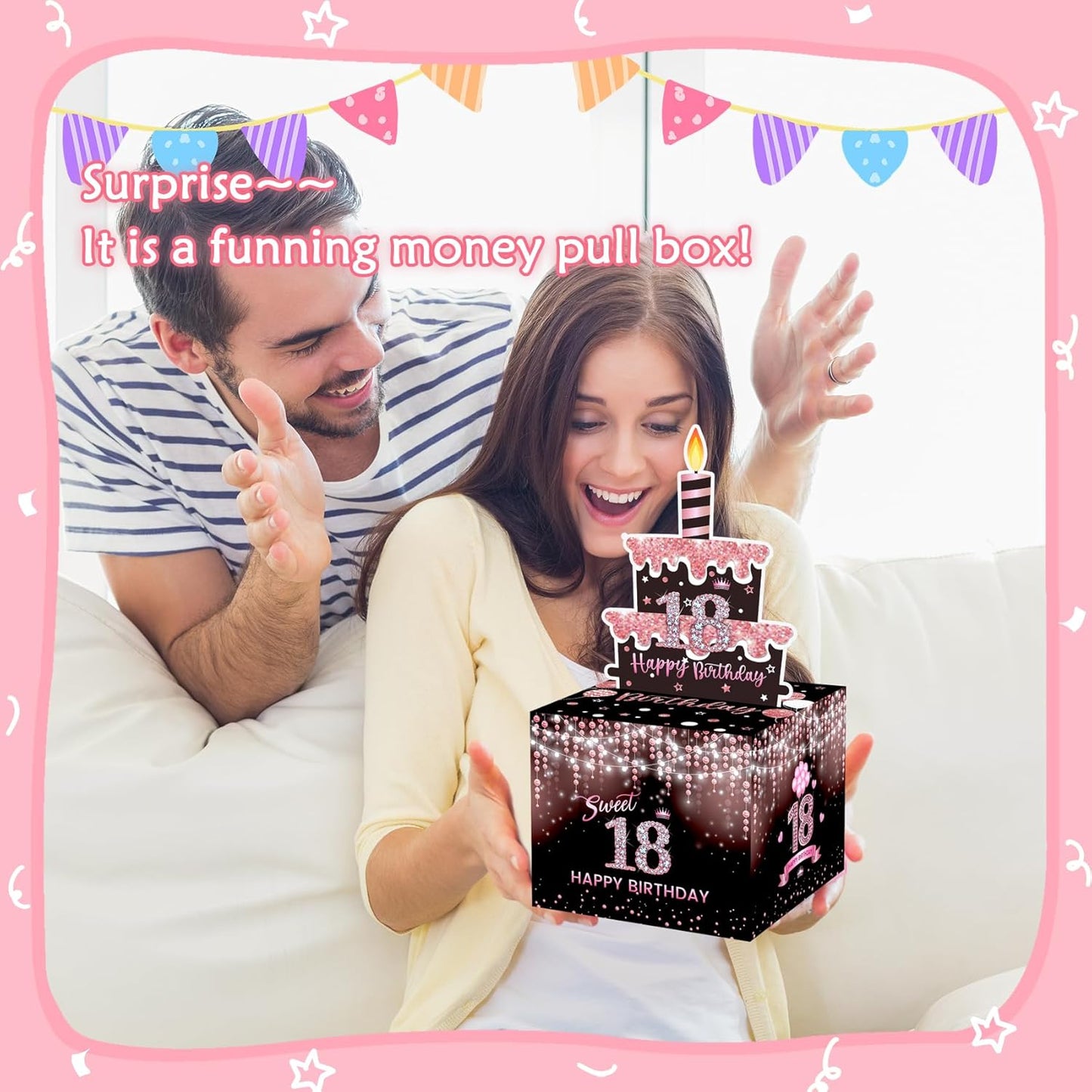 Birthday Money Box for Cash Gift Pull, Surprise Gift Boxes for Money, Money Holder Box with Pull Out Happy Birthday Card and 50Pcs Transparent Bags, Money Gift Ideas for Kids and Adults