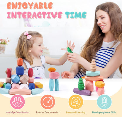 36PCS Wooden Stacking Rocks Building Blocks, Montessori Toys for 3 4 5 year old Stacking Game Sensory Preschool Learning Activities, Balancing Stones Birthday Gifts for Kids 3-5 Easter Basket Stuffers