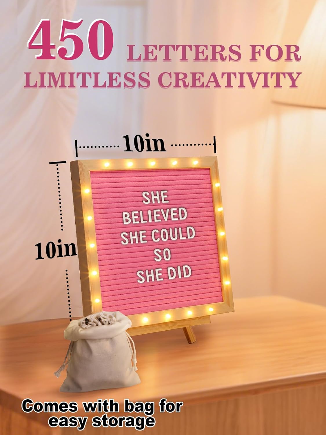 Changeable Felt Letter Board with LED Lights - 10×10" Message Custom Signs & Wood Stand & 450 Letters, Poster Board for Baby/Pregnancy Announcement/Classroom Wall Graduation Decor Gifts, Camel