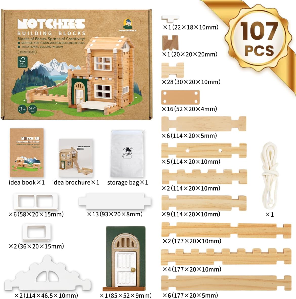 Jovi-mindly＆Notchies 96 PCS Wooden Blocks Wooden Toys with Storage Bag, Preschool Learning Toys Wood Blocks Building for Kids Ages 4-8 Creative Construction Game,FSC Certified,Birthday Toys Gifts